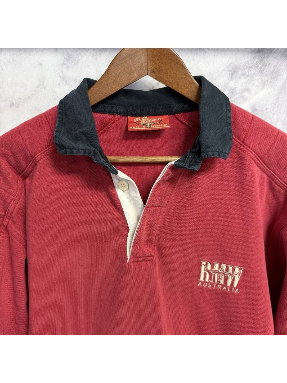 Vintage RM Williams Australia Rugby Shirt Mens L Red Long Sleeve Embroidered